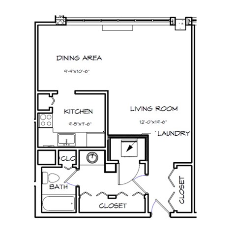 Floor plan for studio, 1 bath, 583 sqft